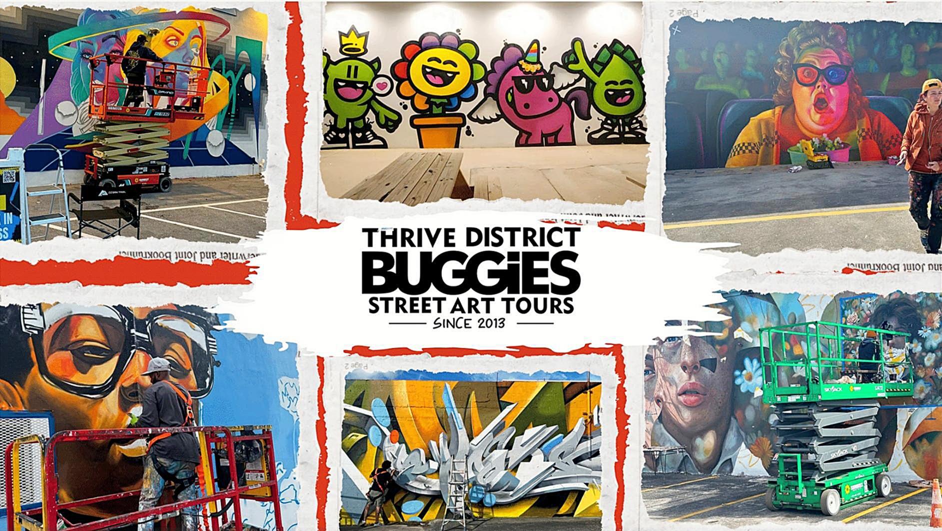 Visitors exploring colorful murals at Thrive District