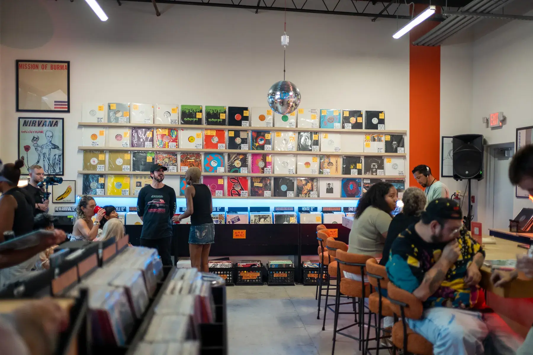 People gathered inside the district record shop