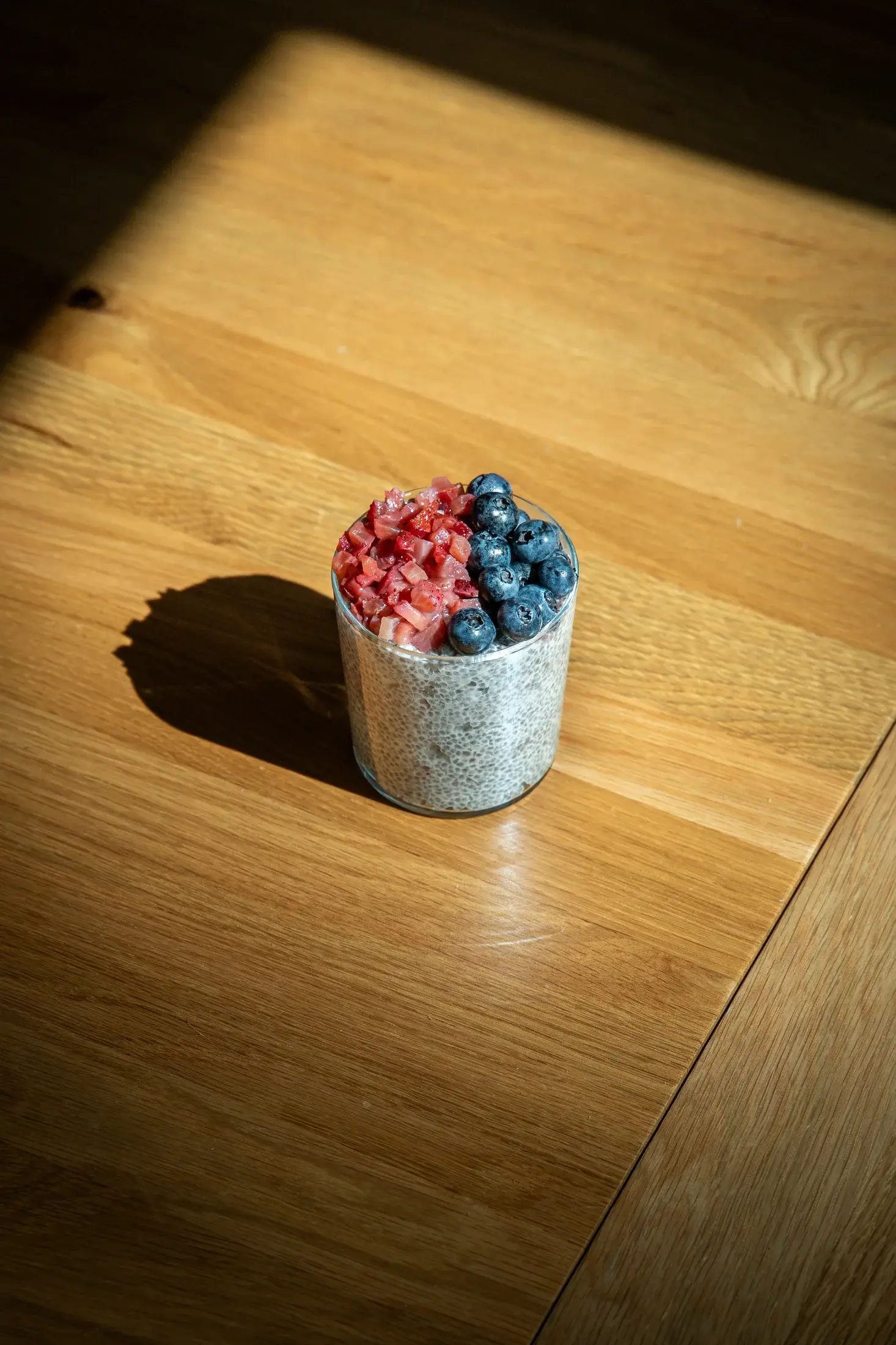 Chia pudding with strawberries and blueberries